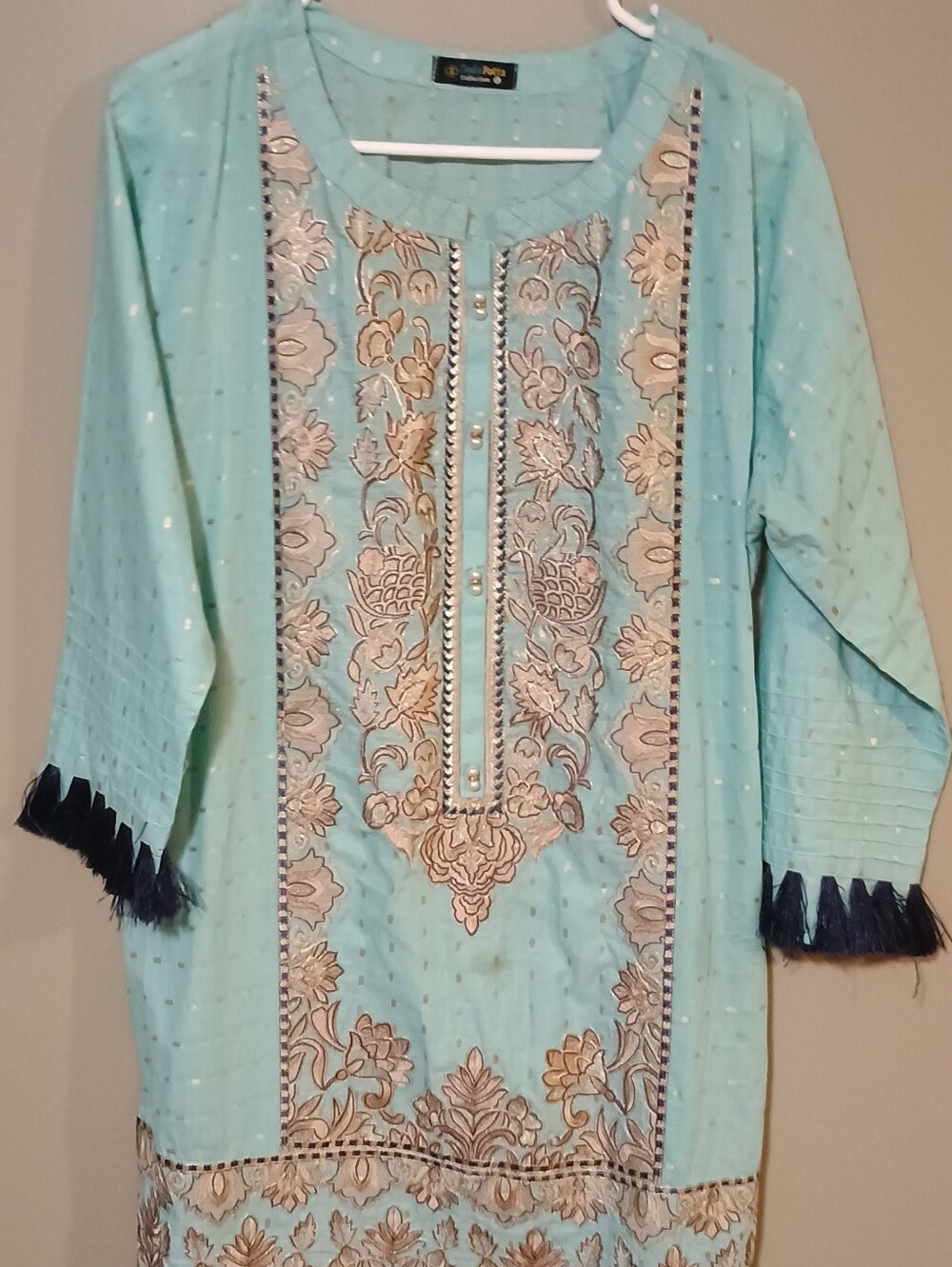 Dada Potta Embroidered Kurti Tunic with Tassels Aqua Blue